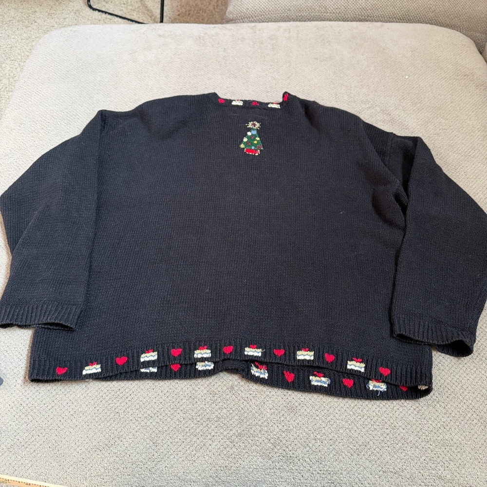 Vintage 2000s Heirloom Collectibles Santa Christmas Cardigan Sweater Black XL - Picture 2 of 6